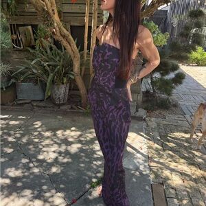 J. Mendel Strapless Silk Gown Purple Black Abstract Print Floor Length Size 10
